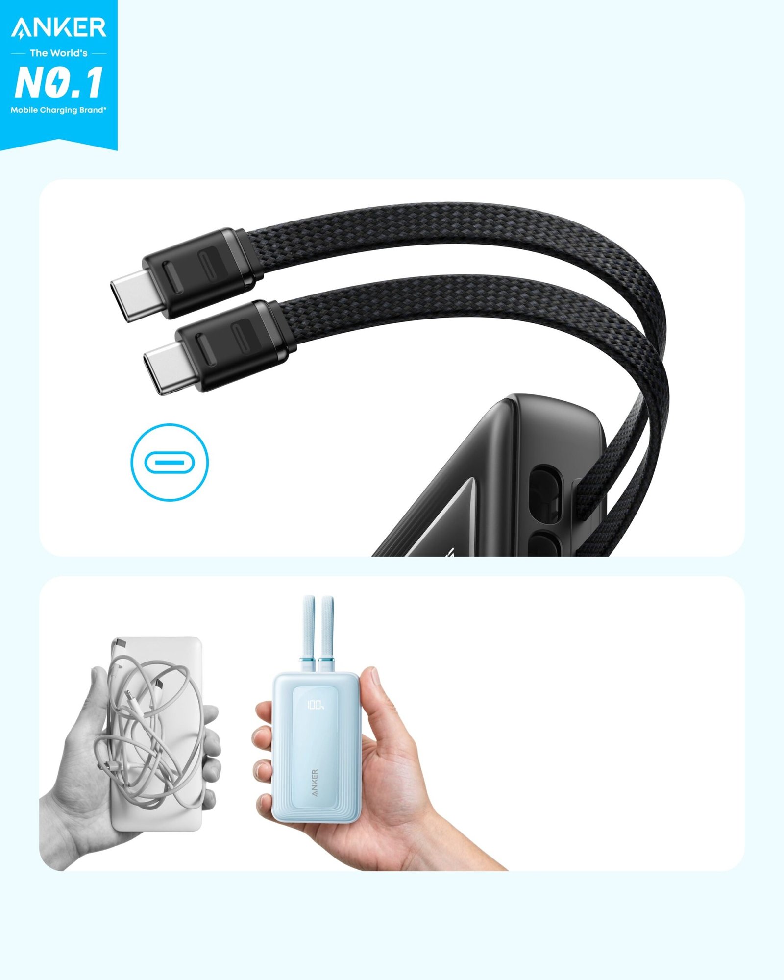 Anker Zolo Power Bank (10K,35W,Built-In Dual USB-C Cables)